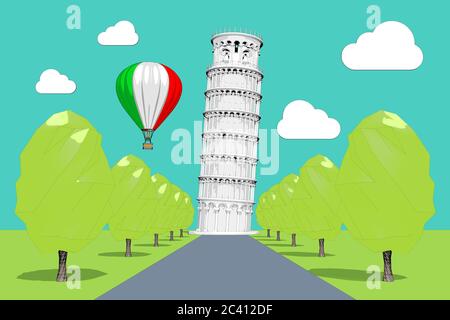 Concept Voyage en Italie. Montgolfière dans le ciel avec drapeau italien sur la Tour de Pise en plein air et Toon style. Rendu 3d Banque D'Images