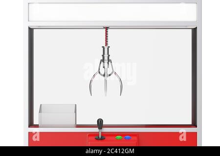 Vide Carnaval Rouge Toy Claw Crane Arcade machine Extreme gros plan sur un fond blanc. Rendu 3d Banque D'Images