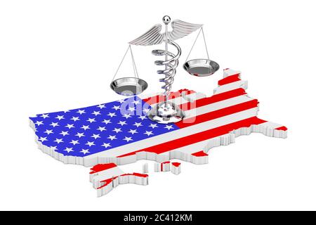 Symbole de caduceus médical comme balance sur la carte des États-Unis sur un fond blanc. Rendu 3d Banque D'Images