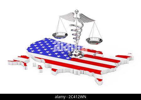 Symbole de caduceus médical comme balance sur la carte des États-Unis sur un fond blanc. Rendu 3d Banque D'Images