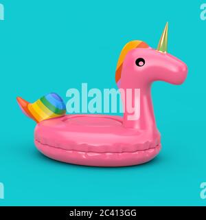 Drôle Inflatable Rose Unicorn Ring pour piscine d'été en style Duotone sur fond bleu. Rendu 3d Banque D'Images