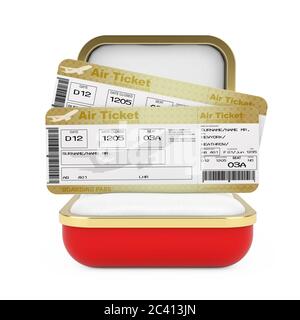 Deux billets d'avion Golden Business ou First Class Airline Boarding Pass Fly dans la Red Gift Box sur fond blanc. Rendu 3d Banque D'Images