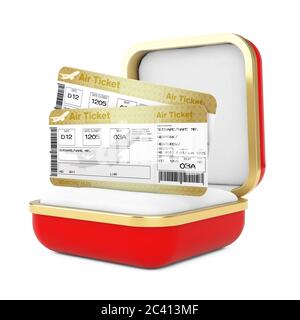 Deux billets d'avion Golden Business ou First Class Airline Boarding Pass Fly dans la Red Gift Box sur fond blanc. Rendu 3d Banque D'Images