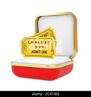 Deux billets de cinéma jaune dans la boîte cadeau rouge sur fond blanc. Rendu 3d Banque D'Images