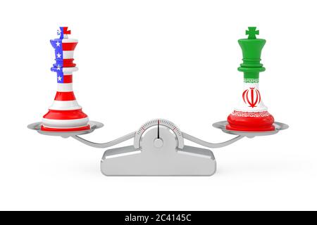 L'Amérique AMÉRICAINE et l'Iran Kings Chess sur simple Balance échelle sur un fond blanc. Rendu 3d Banque D'Images