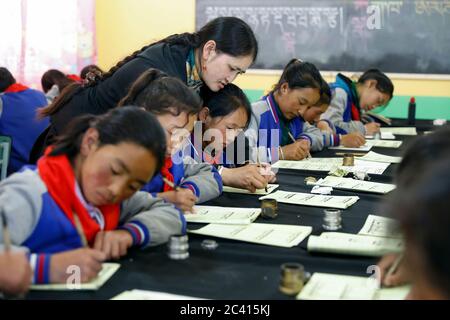 (200623) -- MAOXIAN, 23 juin 2020 (Xinhua) -- UN enseignant instruit comme des élèves apprennent la calligraphie tibétaine dans une école primaire dans le comté d'ABA de la préfecture autonome tibétaine et Qiang, dans le sud-ouest de la Chine, le 14 juin 2020. Située au nord-ouest de la province du Sichuan, avec près d'un million d'habitants, la préfecture autonome de l'ABA Tibétain et du Qiang a une diversité de groupes ethniques minoritaires, y compris Tibétain, Qiang et hui, etc. Ces dernières années, pour mieux hériter de la culture ethnique, les écoles locales ont introduit des cours culturels plus traditionnels tandis que les autorités locales ont mis en place des formations Banque D'Images