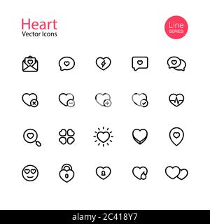 Jeu d'icônes cœur et ligne d'amour. Lot de pictogrammes simples. Famille, relation, mariage, jour de la Saint-Valentin, émotion. Vecteur sur fond blanc isolé Illustration de Vecteur