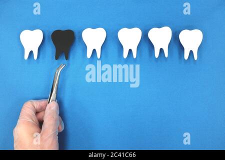 Notion de pourriture dentaire et de soins dentaires. Main de dentiste avec pinces tirant les dents de couleur noire. Banque D'Images