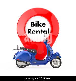 Blue Classic Vintage Retro ou Scooter électrique devant la carte pointeur avec signe de location de vélos sur fond blanc. Rendu 3d Banque D'Images