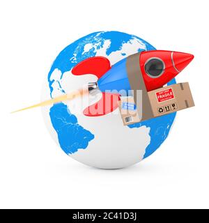 Concept de livraison rapide. Funny Rocket avec boîte de colis devant Earth Globe sur fond blanc. Rendu 3d Banque D'Images