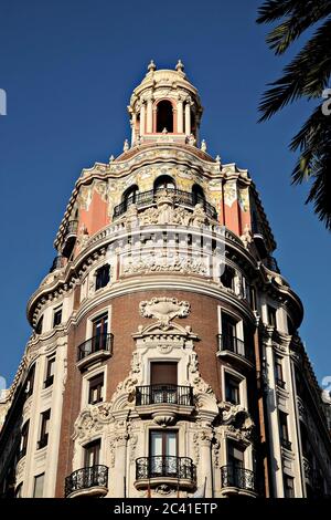 Vue sur le détail du bâtiment Banco de Valencia à Valence, Espagne Banque D'Images