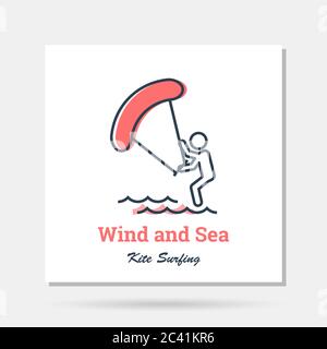 Scénario simple logo de compagnie exemple - kitesurfingavec le vent en mer Illustration de Vecteur