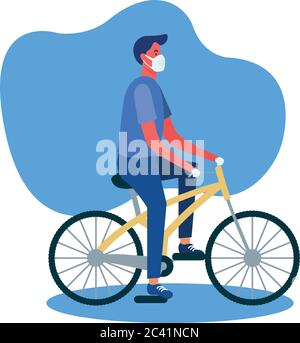 Homme avec masque sur vélo conception de soins médicaux et covid 19 thème du virus illustration vectorielle Illustration de Vecteur