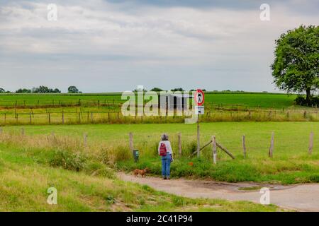 Femme mature avec un sac à dos et son chien regardant les panneaux d'interdiction, interdisant aux voitures et aux motos de passer sur une route de terre avec des clôtures Banque D'Images