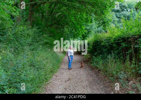 Femme mature portant des vêtements décontractés avec son chien debout sur une route de terre regardant la caméra parmi les arbres abondants et végétation verte de feuillage, clou Banque D'Images