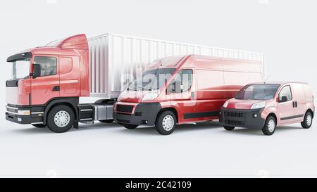 Semi-conteneur de camion aligné avec les camionnettes de livraison sur fond blanc 3D Rendering Banque D'Images