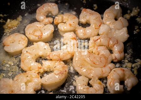 Cuisson des crevettes. Dans une casserole, la recette est accompagnée d'huile et d'ail. Gros plan. Banque D'Images