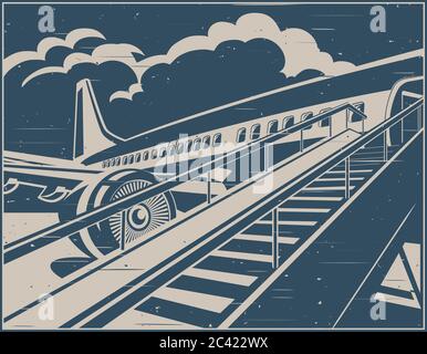 Illustration vectorielle stylisée sur le thème de l'aviation civile dans un style rétro. Avion à réaction moderne prêt à transporter des passagers. Illustration de Vecteur