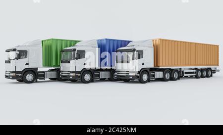 Camions et camionnettes de livraison dans diverses couleurs sur fond blanc rendu 3D Banque D'Images