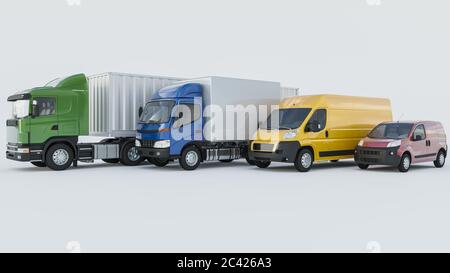 Camions et camionnettes de livraison dans diverses couleurs sur fond blanc rendu 3D Banque D'Images