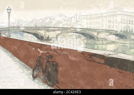 Croquis ou illustration aquarelle de l'ancien pont Ponte Vecchio sur l'Arno à Florence en Italie Banque D'Images