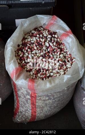 Haricots pinto multicolores (Phaselous vulgaris) en sac plastique, prêts à être vendus sur le marché Banque D'Images