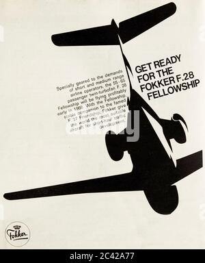 Publicité vintage pour l'avion de transport Fokker F28 Fellowship. Banque D'Images