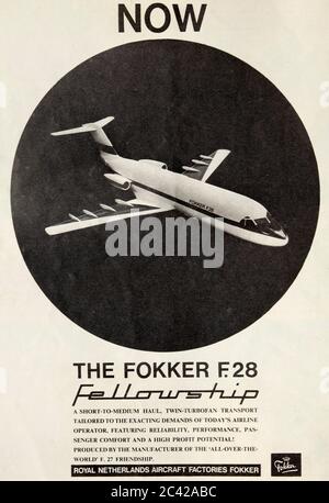 Publicité vintage pour l'avion de transport Fokker F28 Fellowship. Banque D'Images