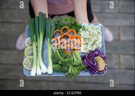 Vue de dessus d'une femme qui tient une délicieuse assiette végétalienne pleine de légumes frais tels que les oignons de printemps, le brocoli, le concombre, les carottes et le chou rouge. Banque D'Images
