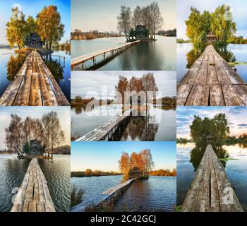 collection de photos d'une fabuleuse cabane sur une petite île. Collage de paysages Banque D'Images