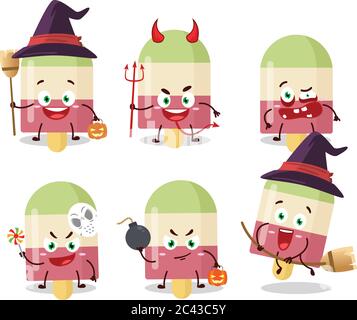 Émoticônes d'expression Halloween avec personnage de dessin animé de la crème glacée de pastèque Illustration de Vecteur