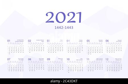 Calendrier islamique Hijri 2021. De 1442 à 1443 modèle de célébration de vecteur avec semaine commençant le dimanche sur fond simple. Bureau et Illustration de Vecteur
