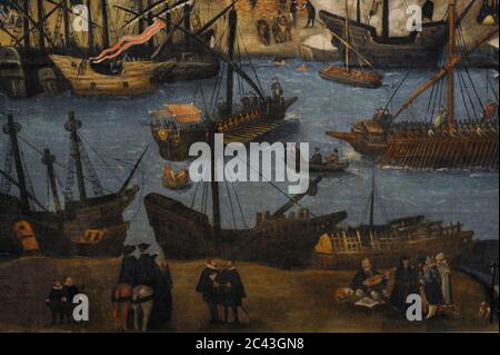 'Vista de Sevilla'. La Ciudad fué centro del comercio con el Nuevo Mundo desde comienzos del siglo XVI hasta comienzos del XVIII Oleo sobre lienzo (300 x 150 cm), de finales del siglo XVI, atribuido a Alonso Sánchez Coello (1531-1588). Détacher. Escena de barcos junto al río Guadalquivir. Musée d'América. Madrid. Espagne. Banque D'Images