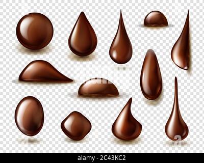 Gouttes de chocolat liquide isolées sur fond transparent. Maquette réaliste vectoriel de sphère et gouttes de crème brune, chocolat noir fondu, caramel de cacao ou sirop Illustration de Vecteur