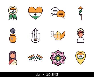 Style indien Fill Icon Set design, Culture Voyage inde pays asie tourisme national et religion thème illustration vectorielle Illustration de Vecteur