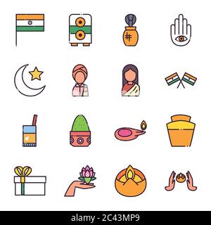 Style indien Fill Icon Set design, Culture Voyage inde pays asie tourisme national et religion thème illustration vectorielle Illustration de Vecteur