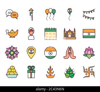 Style indien Fill Icon Set design, Culture Voyage inde pays asie tourisme national et religion thème illustration vectorielle Illustration de Vecteur