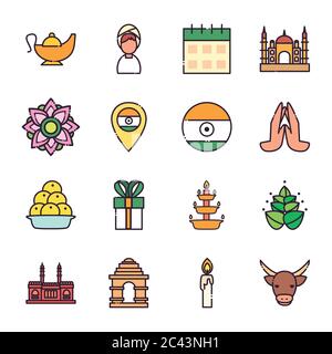 Style indien Fill Icon Set design, Culture Voyage inde pays asie tourisme national et religion thème illustration vectorielle Illustration de Vecteur