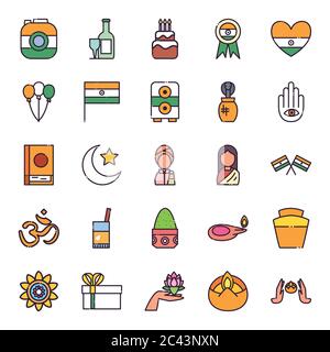 Style indien Fill Icon Set design, Culture Voyage inde pays asie tourisme national et religion thème illustration vectorielle Illustration de Vecteur