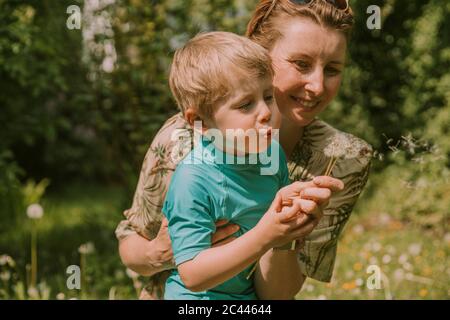 Bonne femme tenant son fils soufflant des graines de pissenlit dans le jardin le jour ensoleillé Banque D'Images