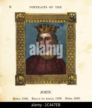 Portrait du roi Jean d'Angleterre, né en 1165, a commencé le règne 1199 et est mort en 1216. En couronne, cape avec col doré dans cadre orné. Gravure faite à la main par Cosmo Armstrong de Portraits et personnages des rois d'Angleterre, de William le Conquérant à George le troisième, John Harris, Londres, 1830. Banque D'Images