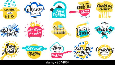 Étiquettes de cuisson. Badge à dessin main pour les repas de cuisine, recettes de cuisine et menu restaurant estampé vecteur icônes isolées ensemble Illustration de Vecteur