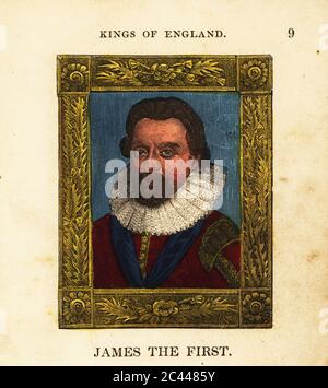 Portrait du roi James le premier, le roi James I d'Angleterre, né en 1566, a commencé le règne 1603 et est mort en 1625. En collier à revers en dentelle, double, dans le cadre orné. Gravure faite à la main par Cosmo Armstrong de Portraits et personnages des rois d'Angleterre, de William le Conquérant à George le troisième, John Harris, Londres, 1830. Banque D'Images