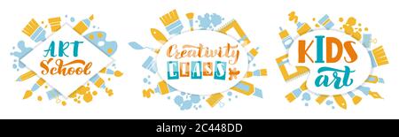 Concept artistique créatif pour enfants. Lettrage de classe d'art pour enfants, centre de créativité manuscrite pour enfants, kit d'illustrations vectorielles studio créatives dessinées à la main Illustration de Vecteur