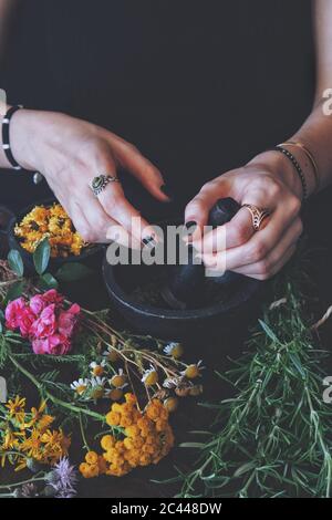 Sorcière wiccan femelle broçant des herbes et des fleurs d'été avec pilon et mortier. Fleurs fraîches colorées et romarin sur une table noire Banque D'Images