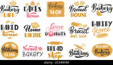 Caractères de boulangerie dessinés à la main. Étiquettes à lettrage dessinées à la main pour pain de pâtisserie, badges pour aliments à cuire. Pâtisserie café pâtisserie timbres vecteur icônes isolées ensemble Illustration de Vecteur