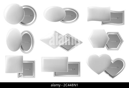 Badge de bouton vierge. Boutons d'épingle réalistes, broche en plastique blanc ou en métal avec vue arrière brochée, badges d'épingles brillants maquette vectorielle isolée Illustration de Vecteur