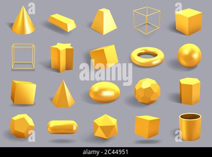 Formes 3D dorées réalistes. Forme géométrique en métal doré, cube dégradé jaune brillant, sphère et prisme figures vecteur icônes d'illustration ensemble Illustration de Vecteur