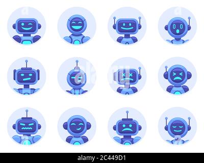 Chat bot avatars. Assistant numérique robotique avatar, ordinateur aide en ligne bot, machine virtuelle aide robots vecteur illustration icônes ensemble Illustration de Vecteur