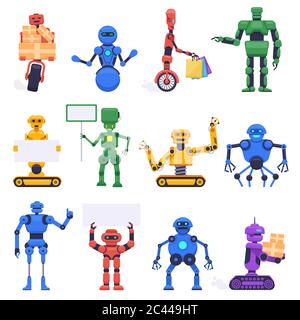 Robots futuristes. Robotique android bot, mécanique humanoïde robot personnages, robotique assistant mascotte, vecteur isolé illustration icônes ensemble Illustration de Vecteur